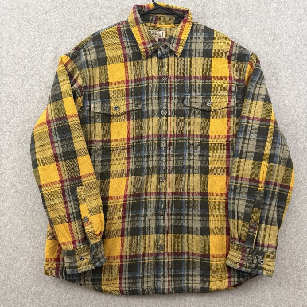 Duluth Flannel Jacket Men's XL Yellow‎ Gray Flapjack Fleece Lined Shirt Shacket